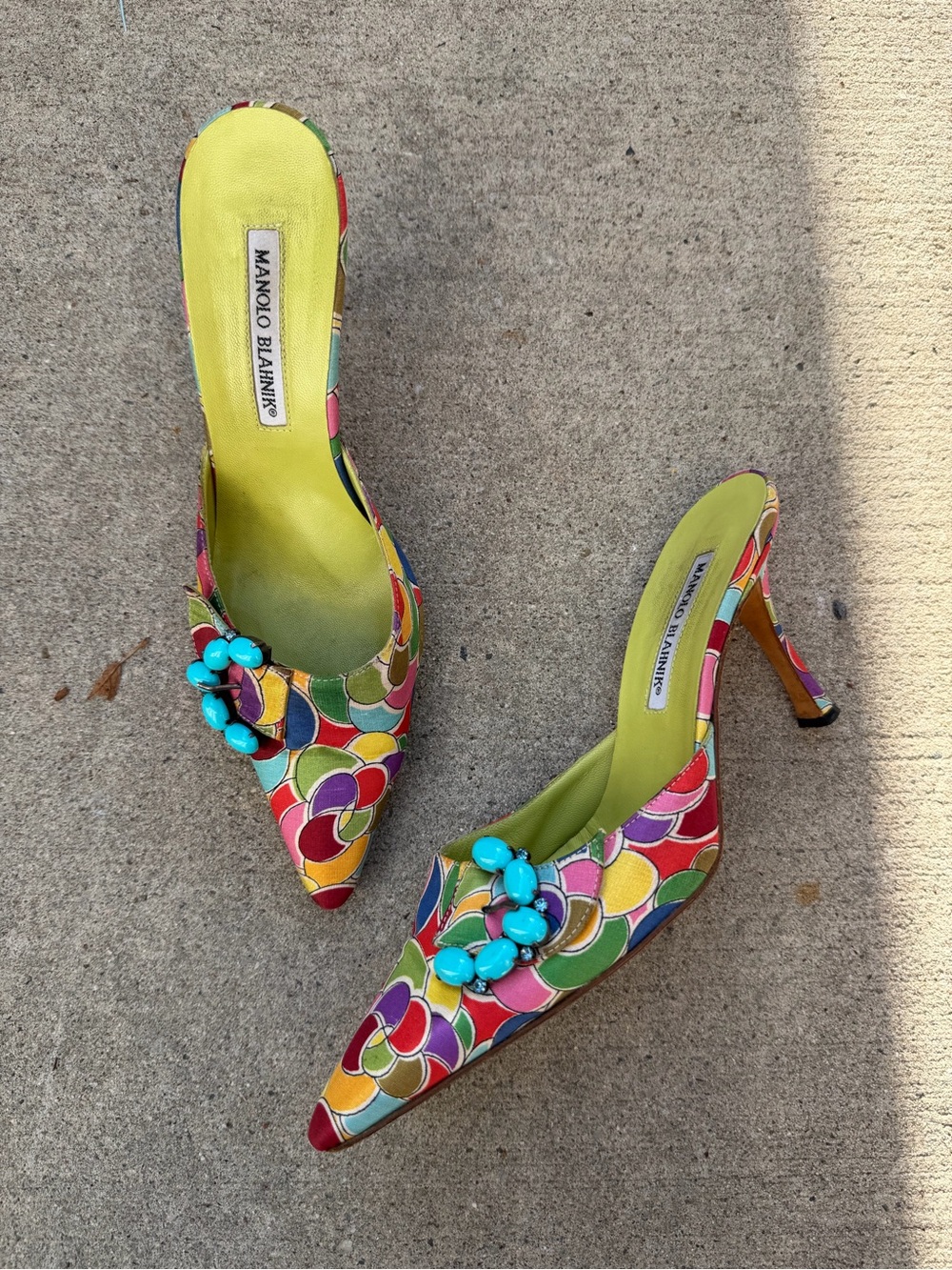 Vintage Manolo Blahnik Atomica Silk Multicolor Pointed-Toe Mules